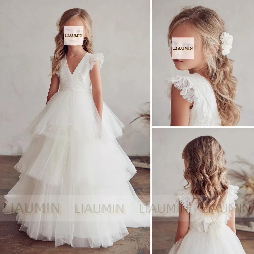 

Flower Girl Dresses V Neck Cap Sleeve For Wedding Brithday Princess First Communion Gown Pageant Kids Skirt Customized W1.1.105