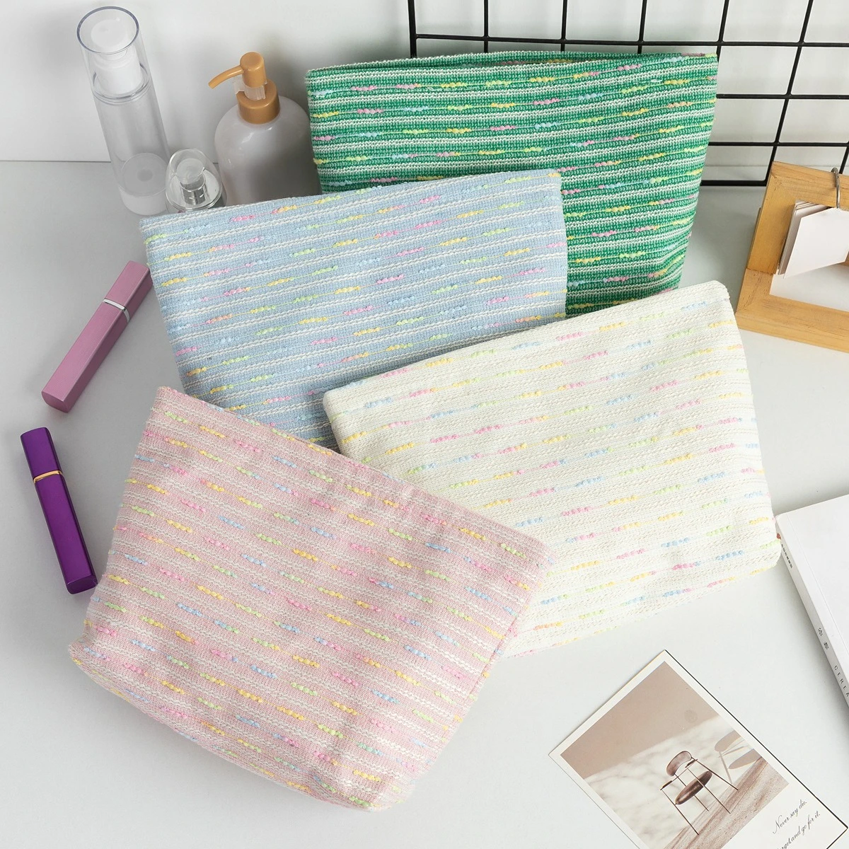 Women Girls Striped Makeup Bag Toiletry Organizer Cosmetic Bag Zipper Pouch Fashion Simple Portable Large Capacity Storage Bag