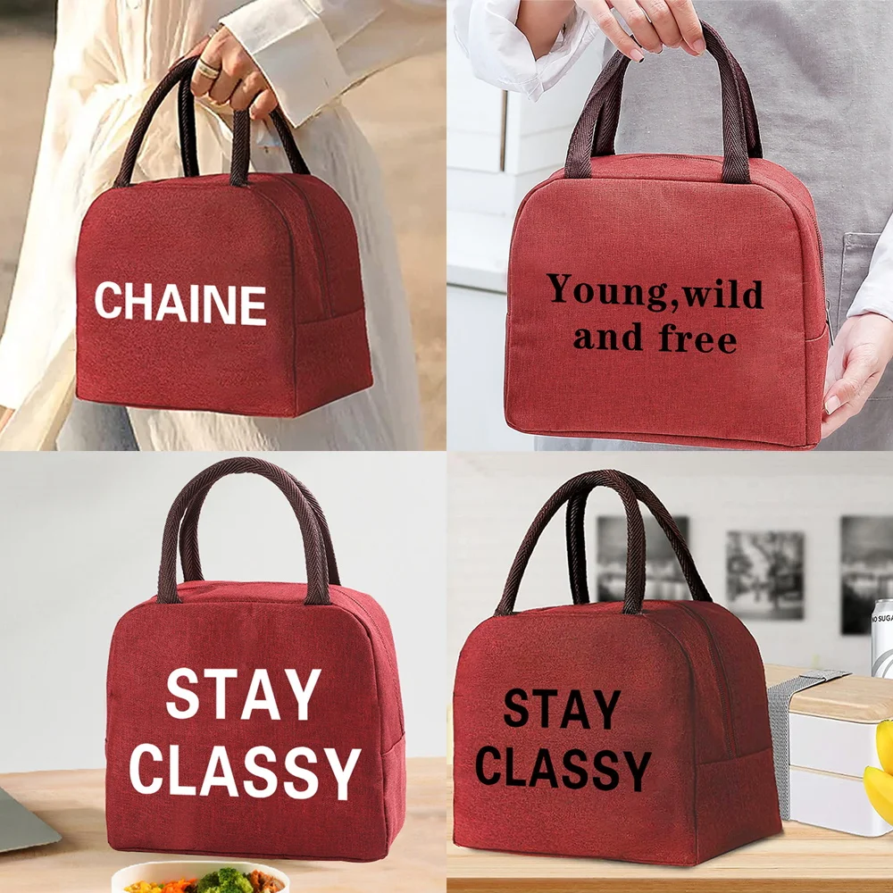 Cute Text Print Pattern Cooler Lunch Bag Portable Insulated Bento Tote Thermal School Picnic Food Storage Pouch Teacher Gift