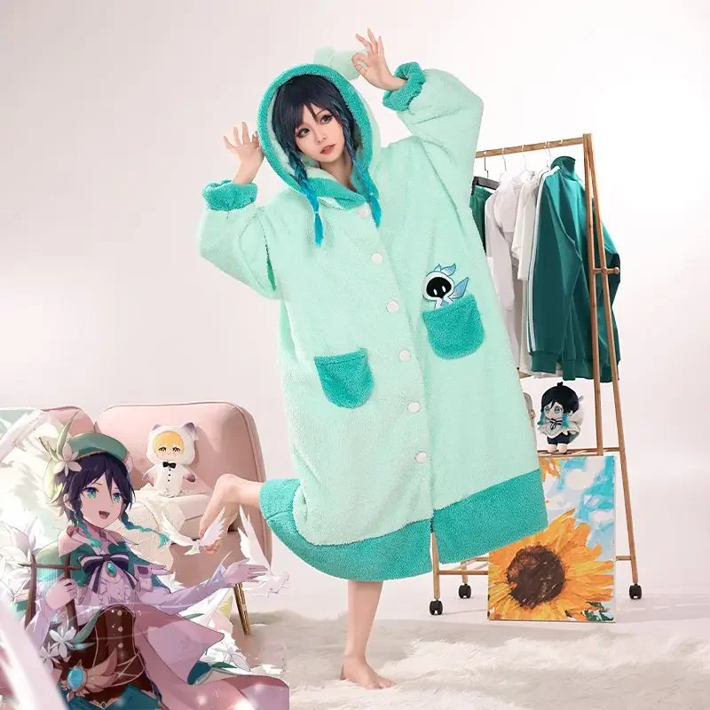 Winter New Genshin Cosplay Costume Xiao Klee Bathrobe Warm Flannel Sleepwear Gown Tartaglia Hooded Nightgown Plussize loungewear