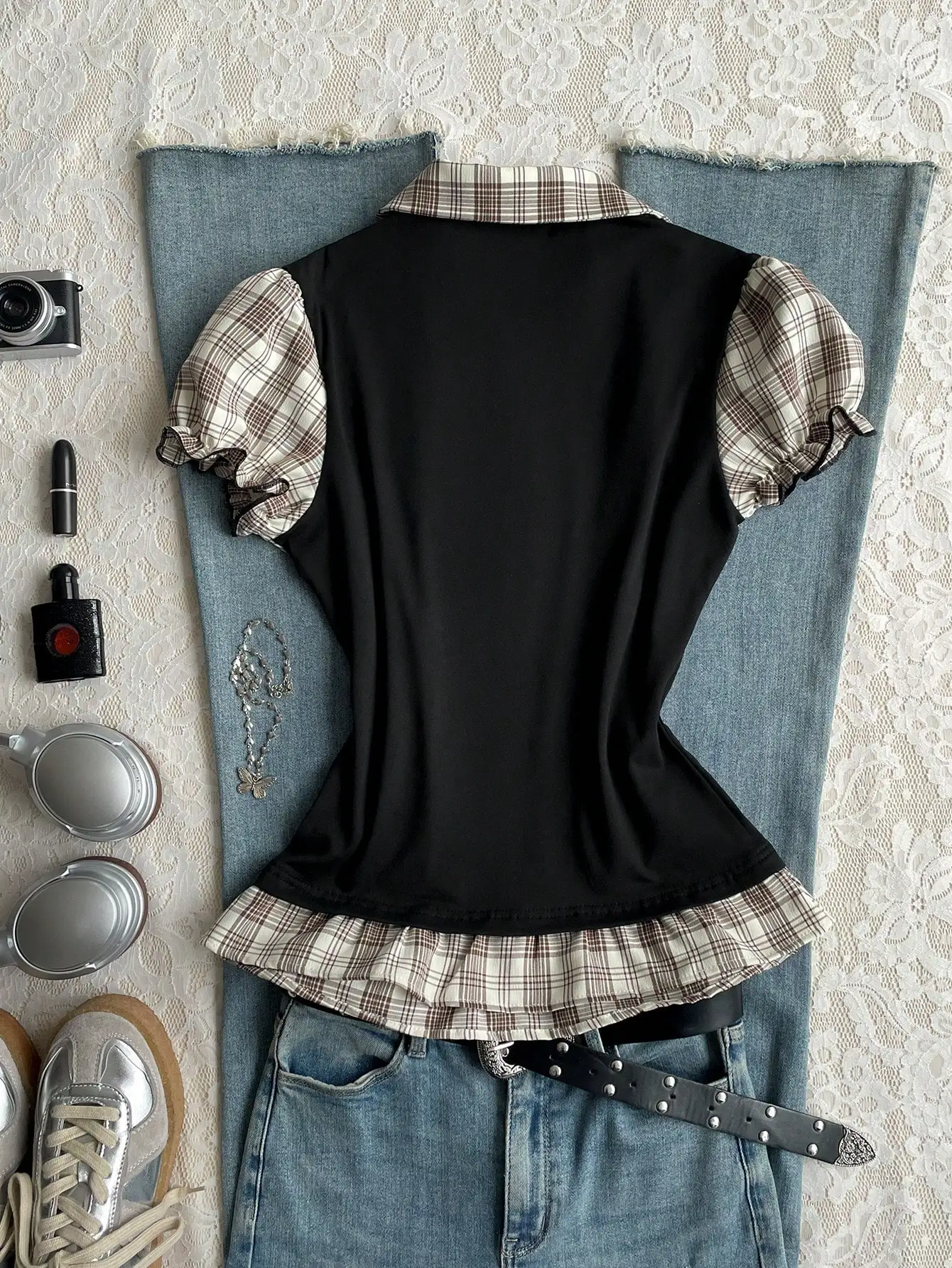 

Casual Retro Punk Y2K Plaid Patchwork Puff Sleeve Collared Fitted Women Shirt