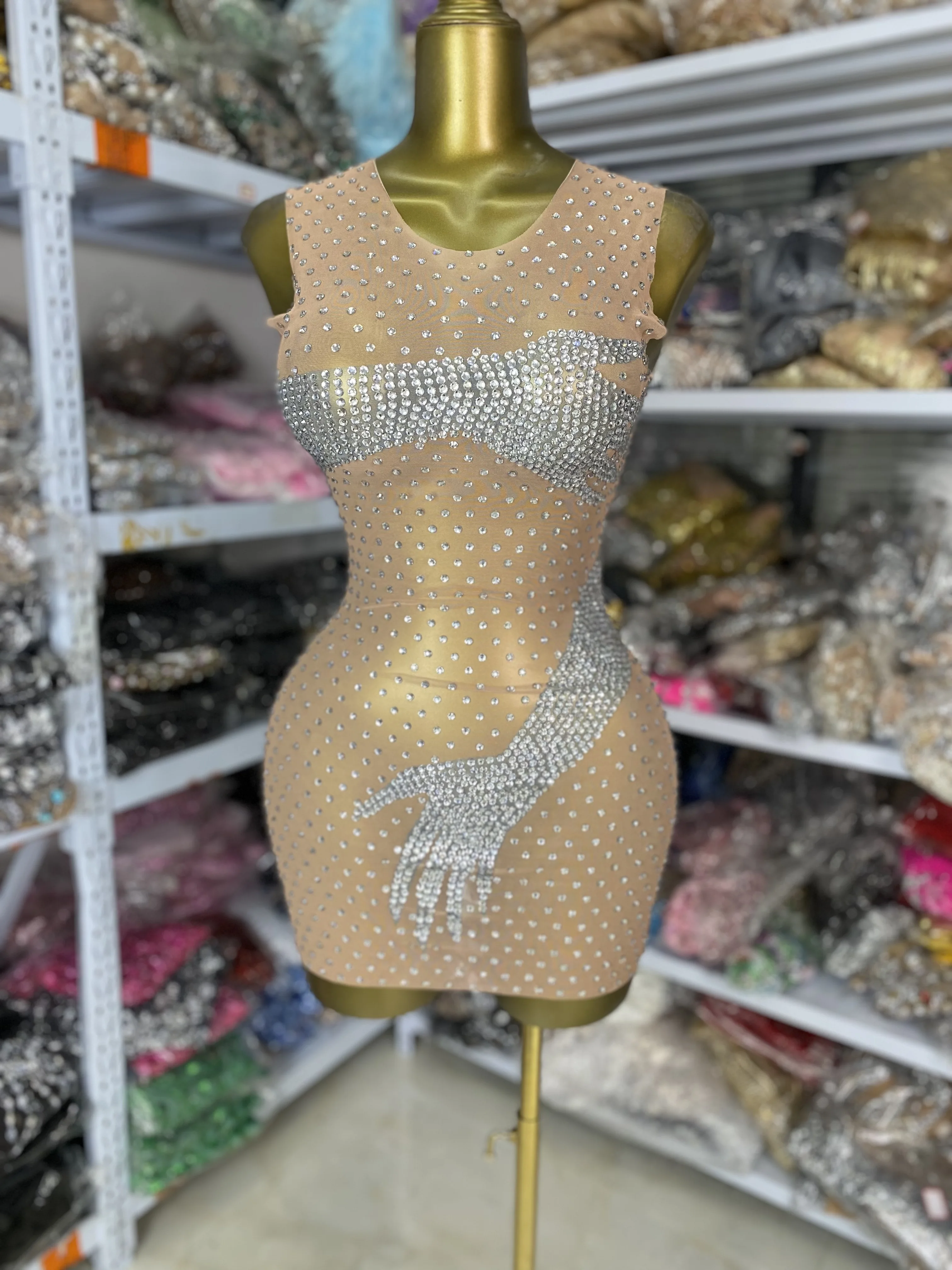 

Women Designer Shiny Rhinestones Mesh Bodycon Mini Dress Nightclub Performance Costumes Sexy Evening Club Party Show Stage Wear