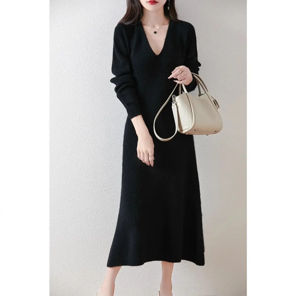 

Женская утолщенная вязаная юбка-свитер с v-образным вырезом, удлиненное платье из 100% шерсти, осенне-зимняя верхняя одежда выше колена