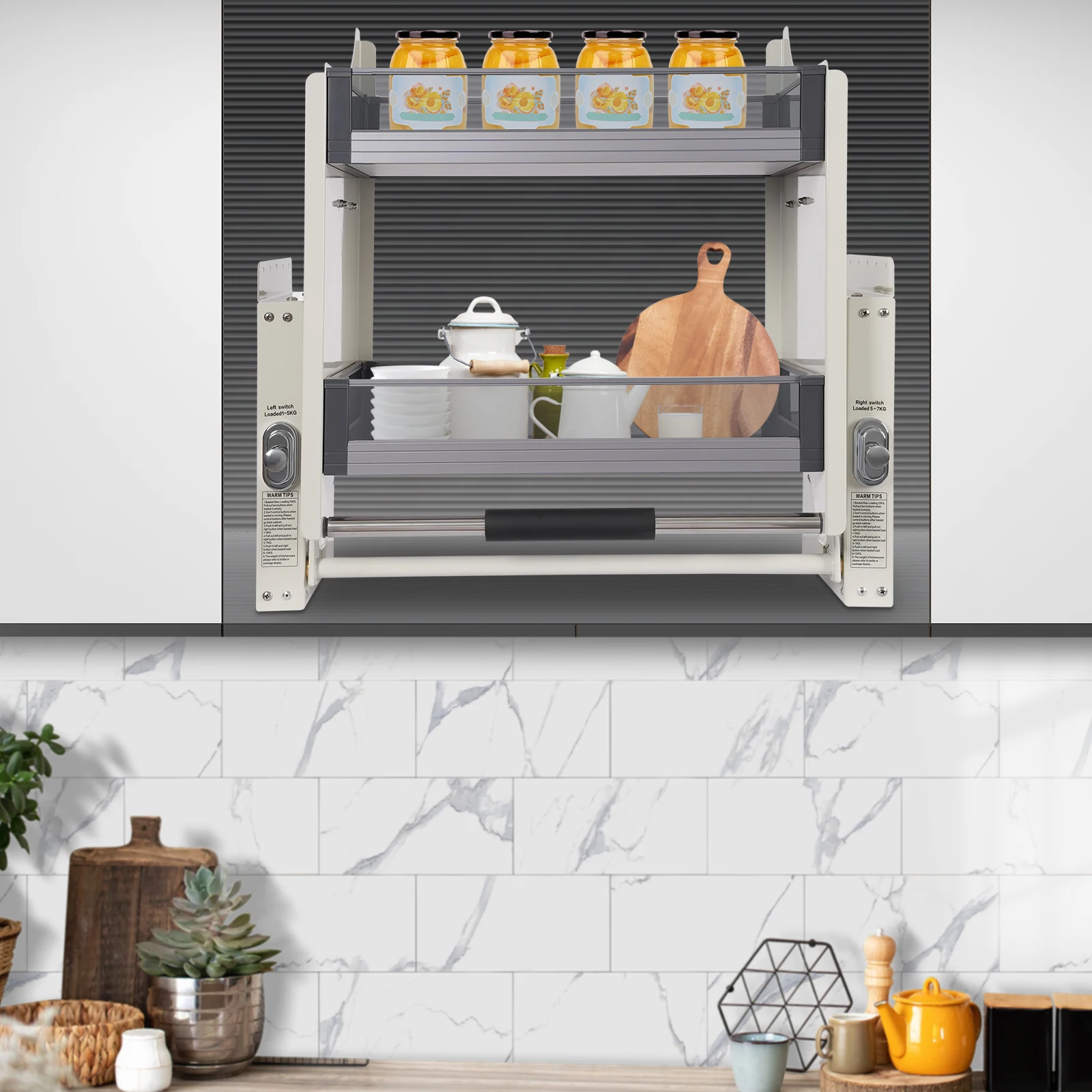 

2-Tier White Pull-Down Shelf for Upper Cabinet - Modern Space-Saving Design Aluminum Alloy Storage Rack Fits 16-18mm Cabinet