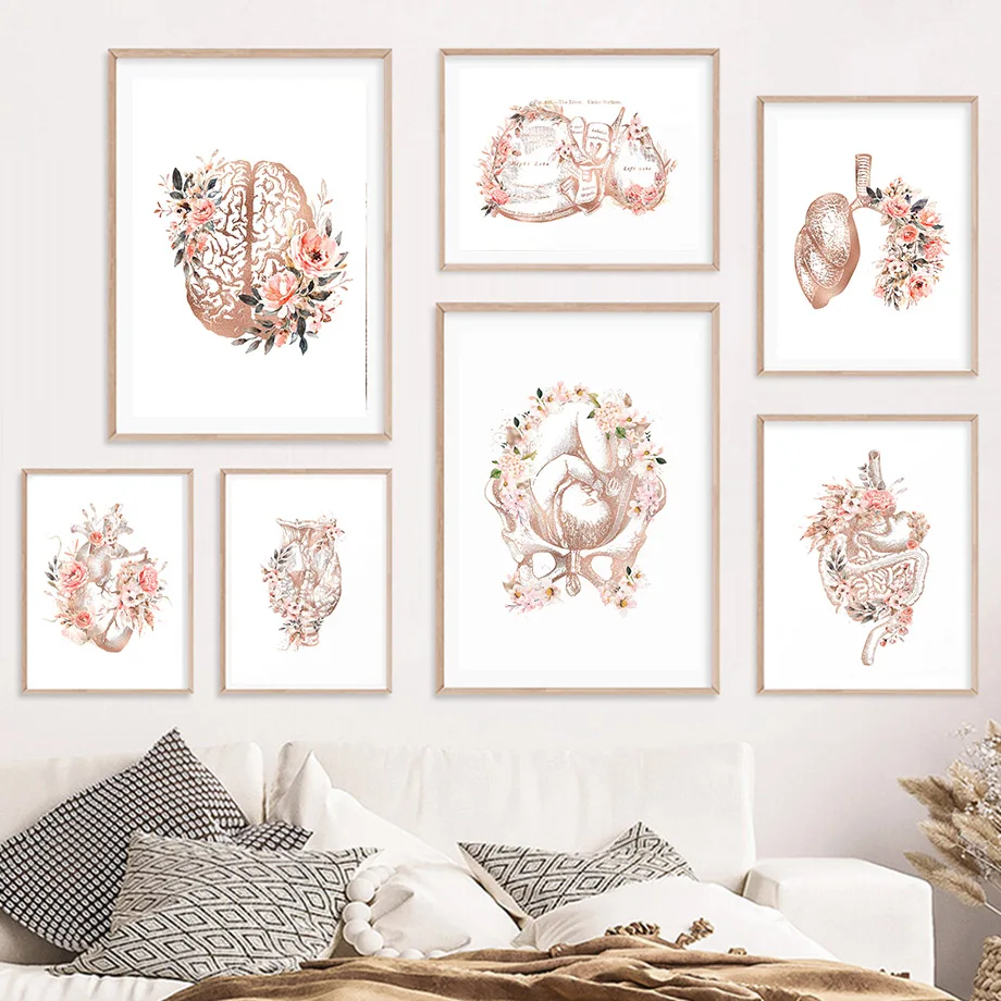 Flower Anatomy Organ Skull Heart Brain Stomach Nordic Posters Wall Art Print Canvas Painting Medicine Pictures Doctor Room De