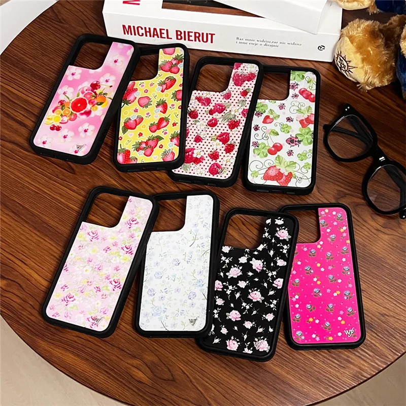 

USA WF Wildflower Strawberry Fruit Rose Phone Case for iphone 16pro 12 13 14 15 16 Pro Max Plus Flowers Metal label Phone Cover