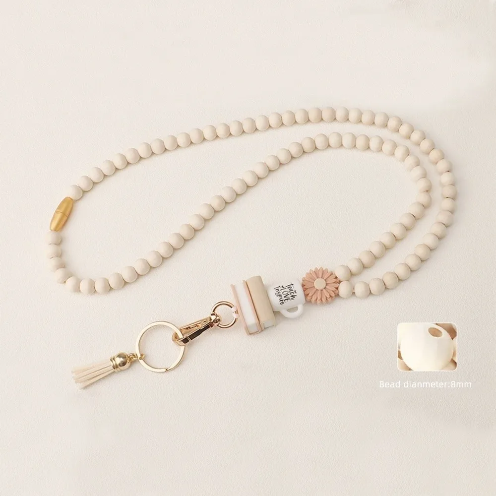 Fashion Wood Beaded Lanyard Pink Daisy Beads with Tassel Teacher Lanyard with ID Holder ID Holder Strap Keys