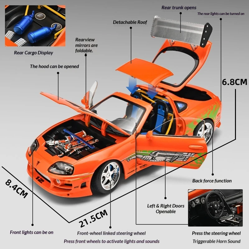 Supra A80 1:24 Alloy Diecast Sports Car Model Pull Back Function Light Sound Removable Top Openable Doors For Collection