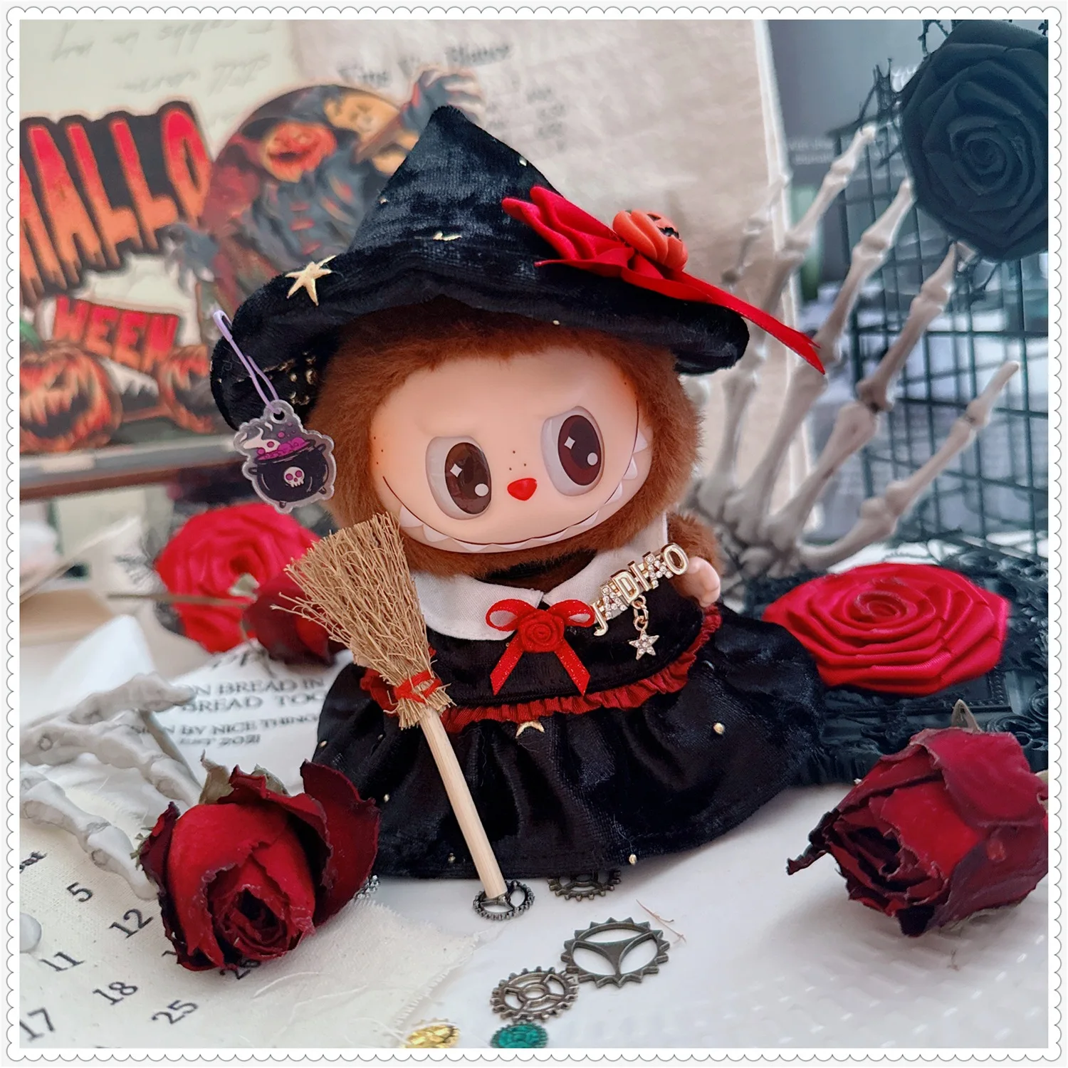 

Halloween Clothing For LABUBU Dolls 15/17cm 1st-3rd Gen Little Witch Rose Dress With Pumpkin Hat And Accessories Set