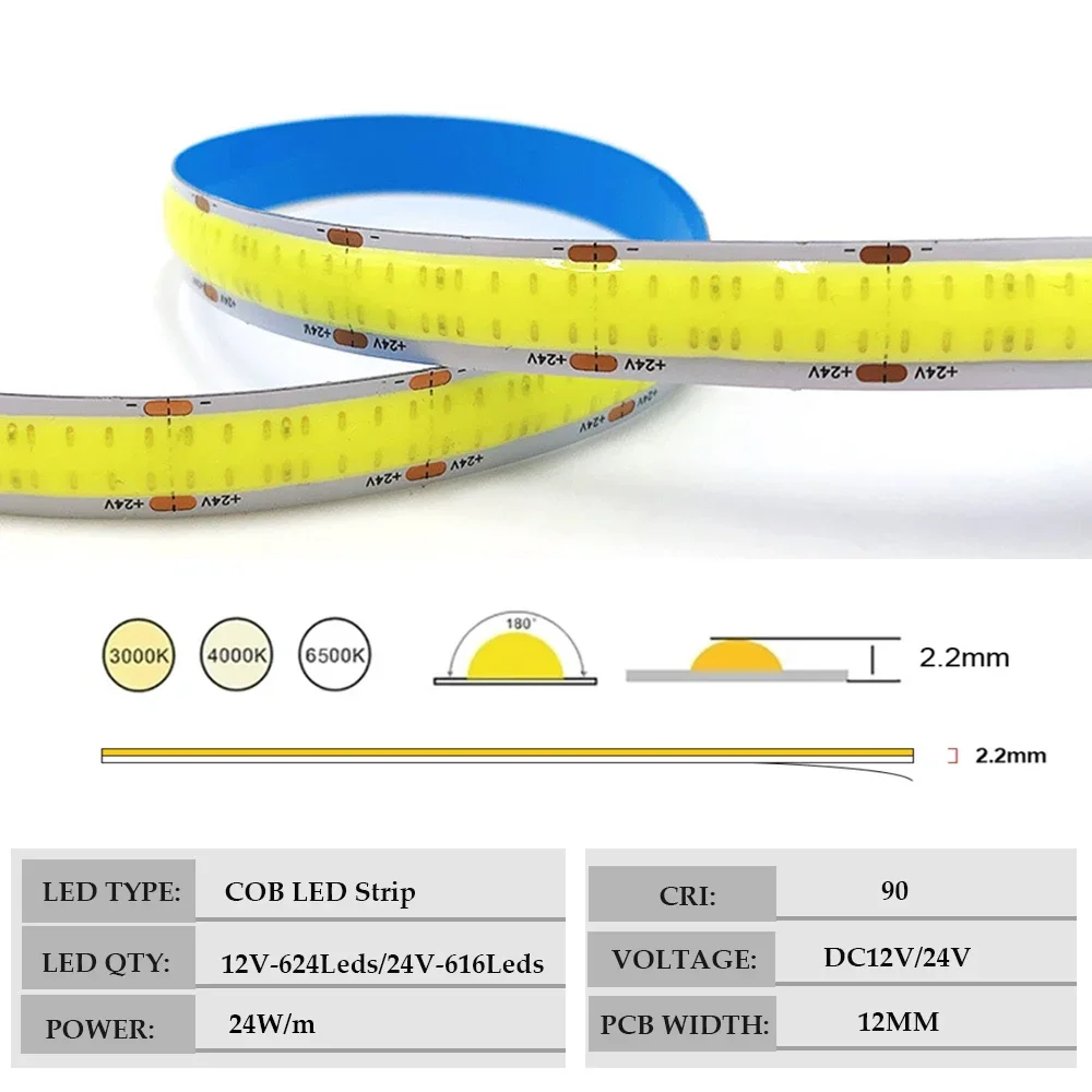 Dwurzędowa taśma LED COB DC12V 24V 624Leds RA90 Super jasna elastyczna ściemnialna taśma LED do wystroju pokoju 3000K 4000K 6500K 5m