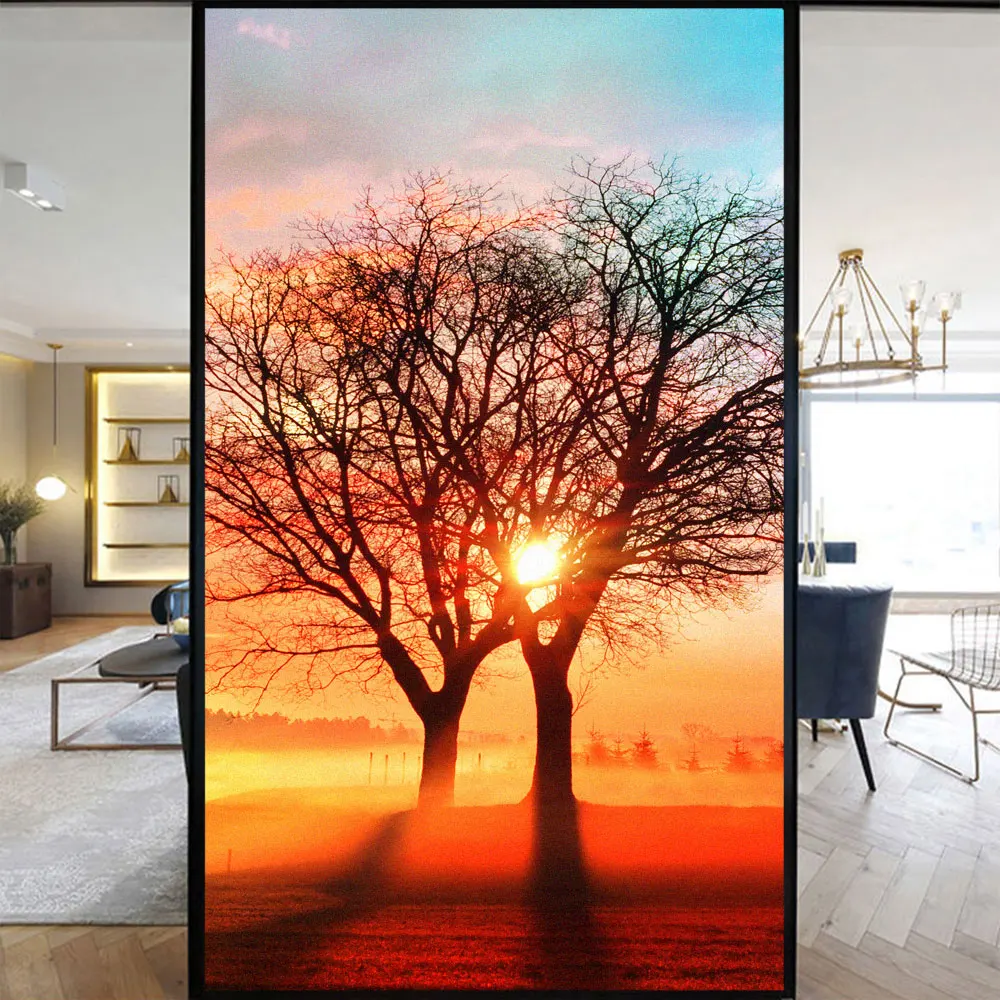 Privacy Windows Film Decorative Sunset Window Stickers No Glue Static Cling Frosted Glass Sticker for Home