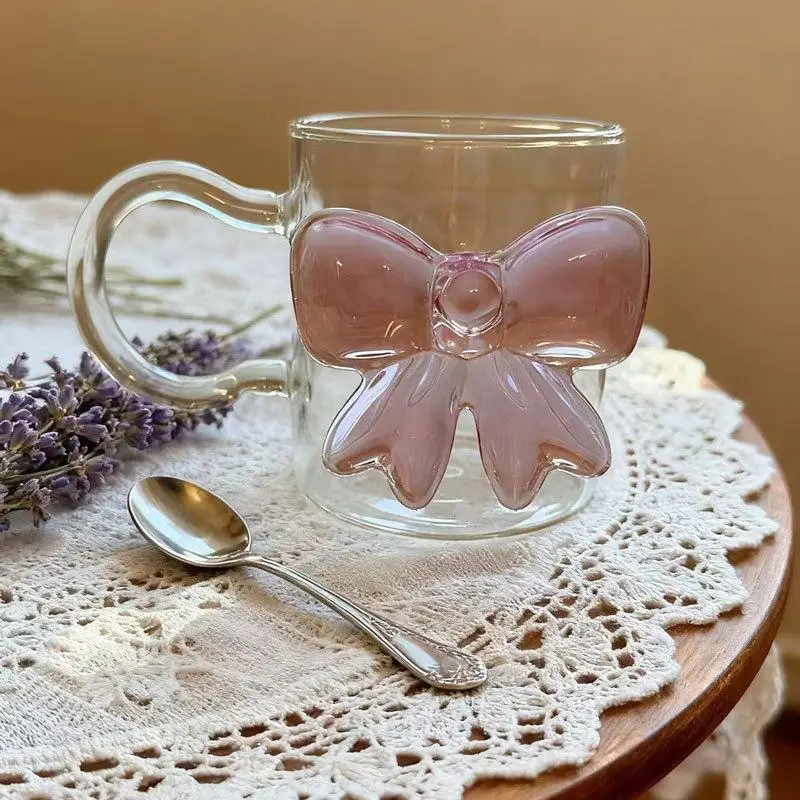Elegant Pink Large Bow Glass Cup 400ml Heat Resistant High Borosilicate Big Bow Handle for Dining Coffee