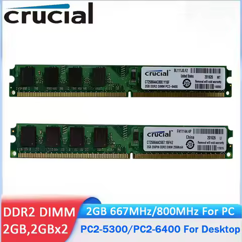 Crucial Memoria Desktop RAM DDR2 2GB 4GB (2x2GB) 667MHz 800MHz Memory DIMM PC2-5300 PC2-6400 1.8V Non-ECC Unbuffered For PC RAMs