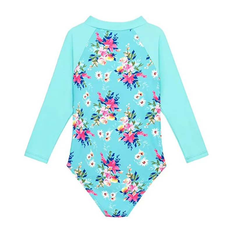 Kids Baby Girl Swimsuits Summer Floral Long Sleeve Zipper Jumpsuit Swimwear Beachwear Bathing Suits 2-7 Years old