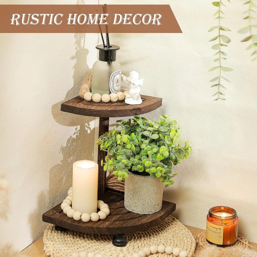 Decorative wooden columns are used for displays, and 2-tier rustic corner shelves are used for kitchen bathroom counters