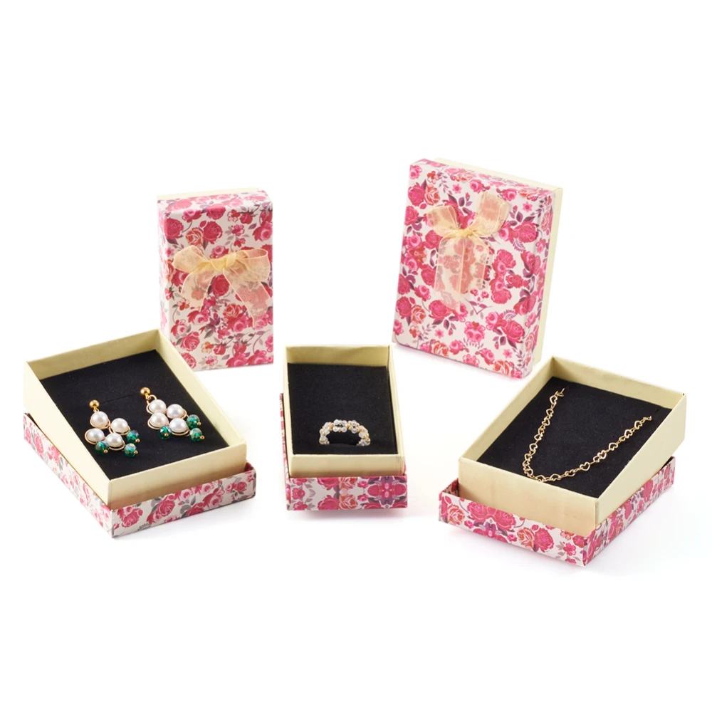 24pcs Flower Pattern Cardboard Jewelry Packaging Boxes 2 Slot Ring Earrings Gift Rectangle Ribbon Bowknot Container with Sponge