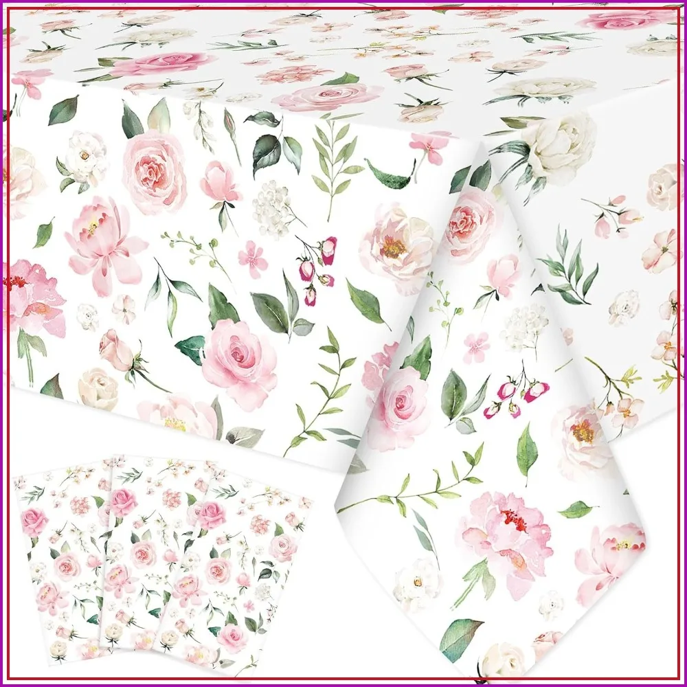 

3 Pcs Pink Floral Disposable Plastic Tablecloths, 54x108 Inch, Waterproof for Baby Shower Birthday Wedding