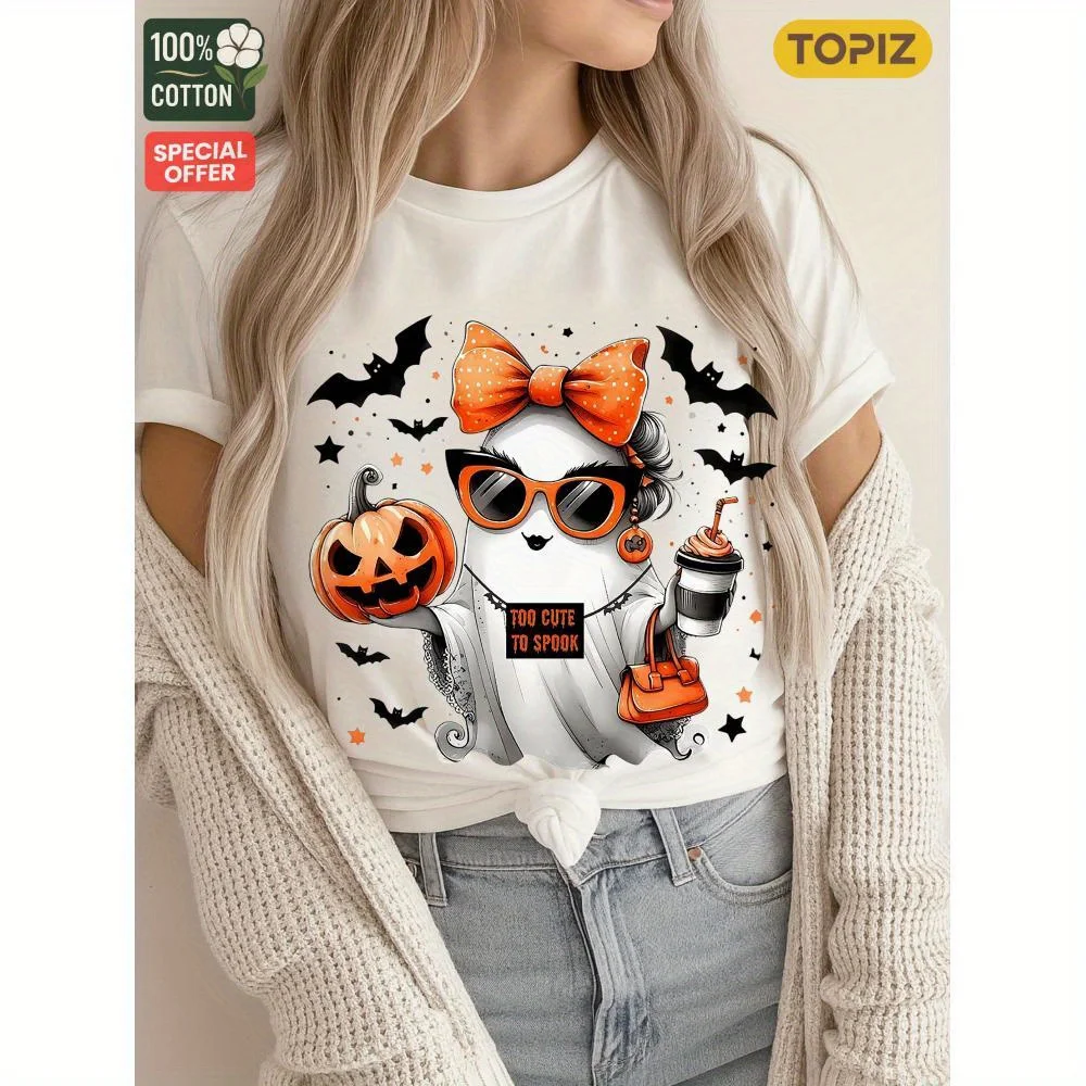 

[Plus Size] Women's T-Shirt, Crew Neck Short Sleeve Casual Top,Graphic T-Shirt, Halloween Cat With Pumpkin And Bats