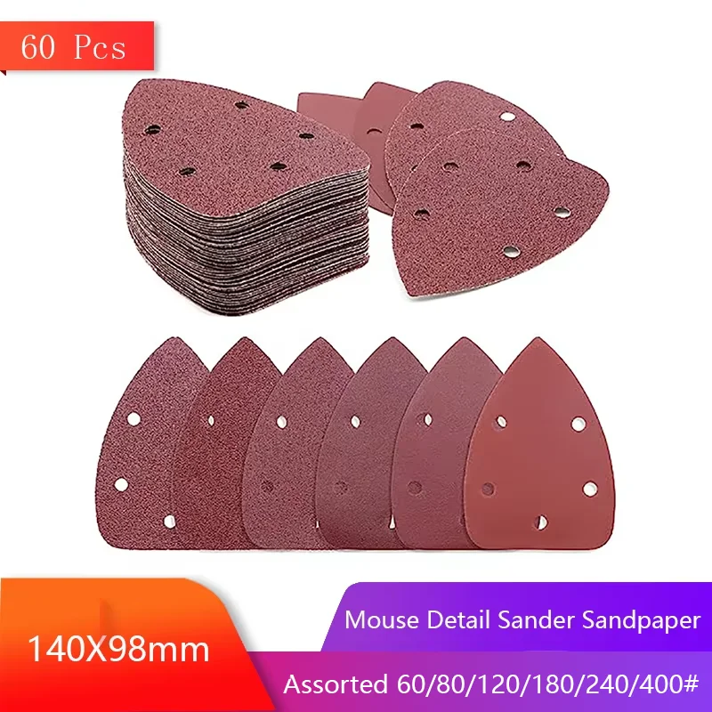140 x 98mm Mouse Detail Sander Sandpaper 5 Hole 60Pcs Hook and Loop  Assorted 60/80/120/180/240/400Grit for Polishing Wood Metal