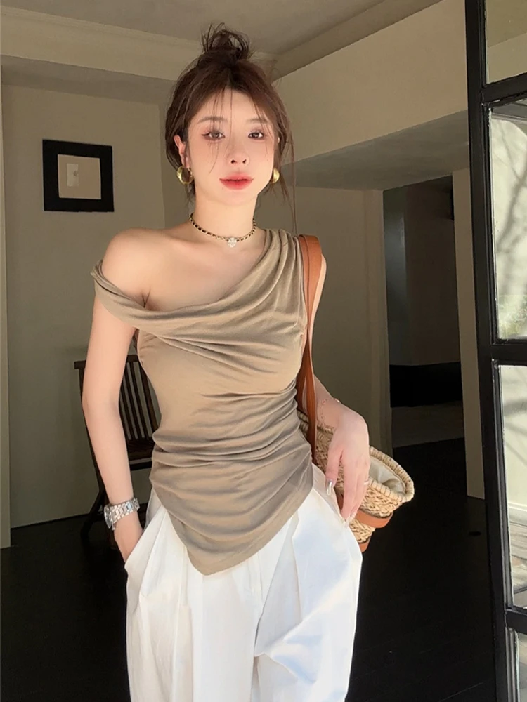 

Asymmetric Off Shoulder T-shirt Sleeveless Top Fashion Slim Fit Summer Women Tops 2025 Korean Style Clothes