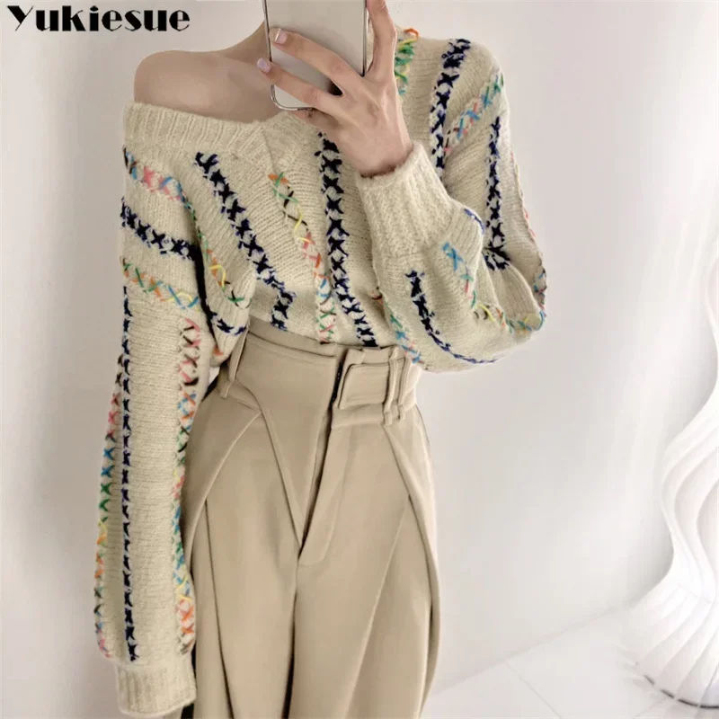 

2023 Autumn Winter Women Colorful Striped V-neck Sweater Korean Edition Fashion Multi Color Embroidered Striped Knit Pullover
