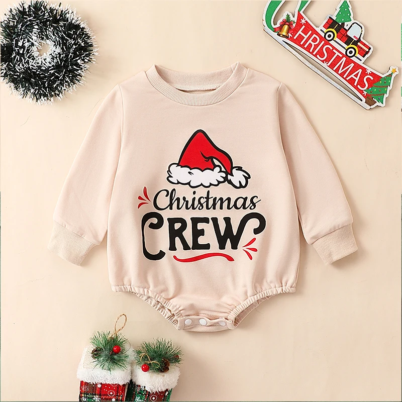 2023 Autumn Winter Baby Boys and Girls Christmas Letter Print Tri-Color Long Sleeve Bodysuit Casual Jumpsuit Clothes 0-24M