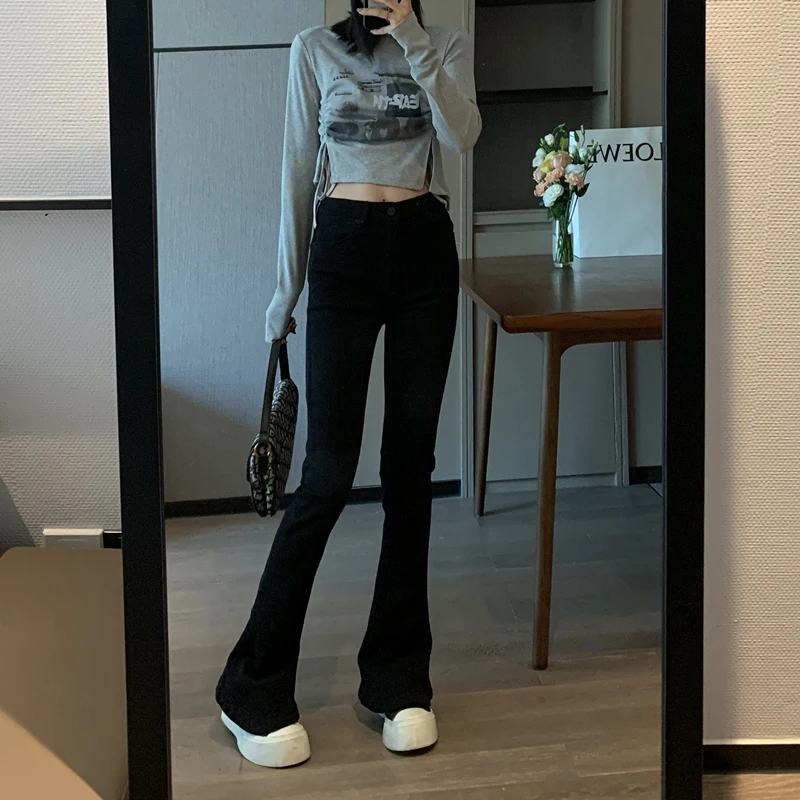 

Black Bell Bottom Denim Jeans Women's Spicy Design Spring Autumn Large Size Loose High Waist Straight Leg Drapey Hoof P...