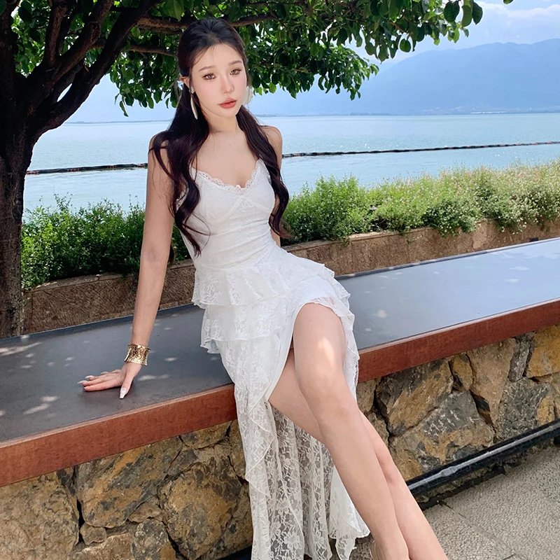 

Sexy Lace Midi Dress Asymmetrical Hem Short Front Long Back Slim Fit Casual High Waist Hollow out Summer Dresses for Women