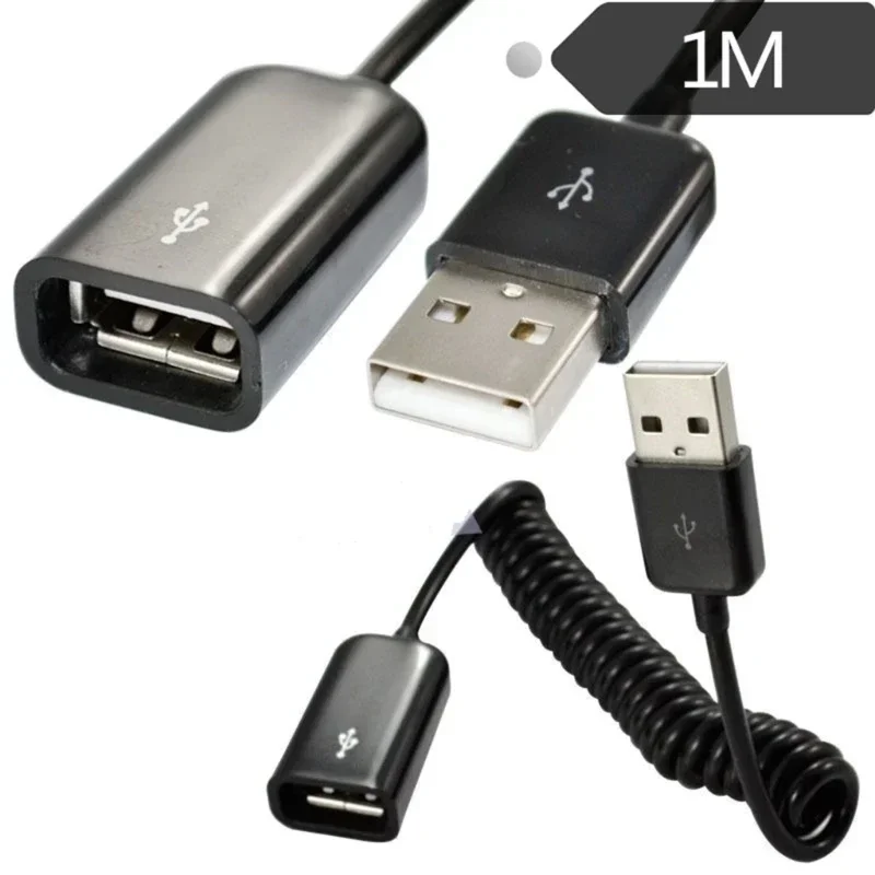 USB 2.0 Male to Female Spiral Coiled Adapter Cable 1M/3.2Ft Spring Telescopic Extension Wire Cord for Charging