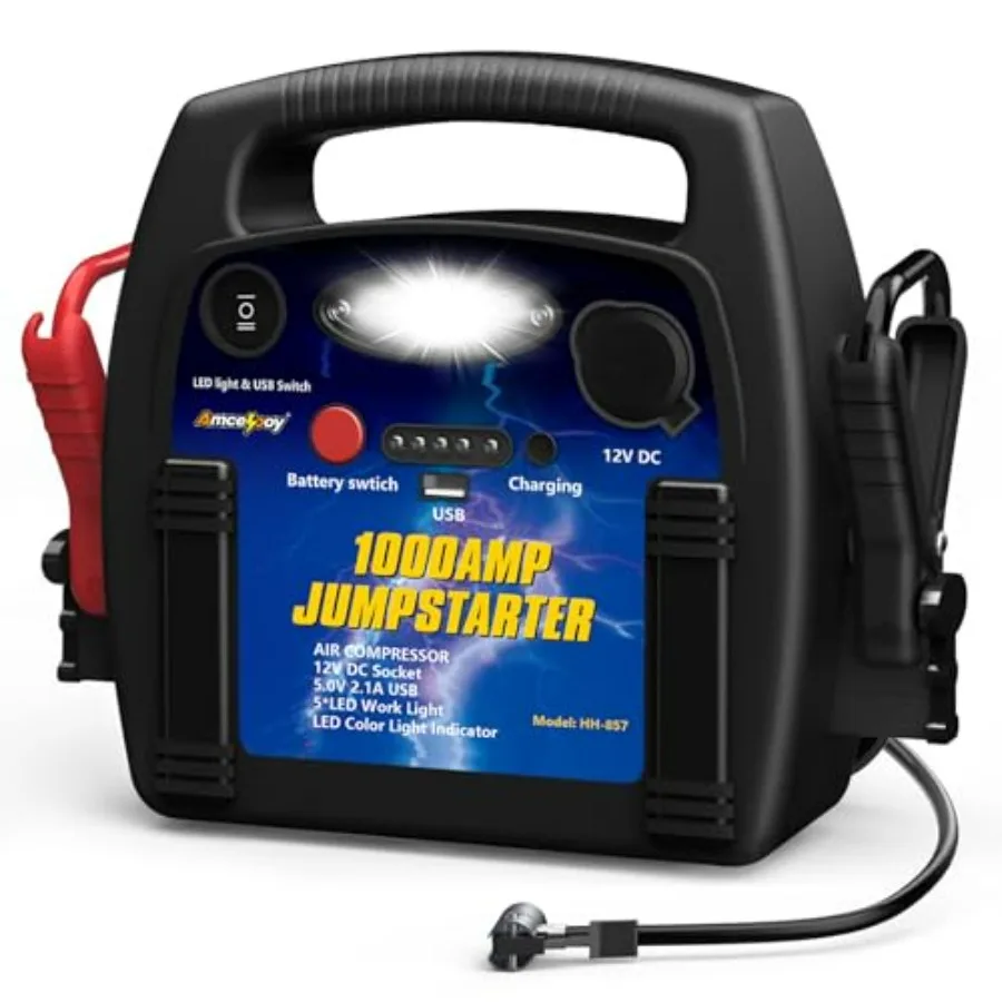 1000 Amp Peak Car Battery Jump Starter with Air Compressor 12V Lead Acid Battery Jump Box 260PSI Tire Inflator 12000mAh Power S