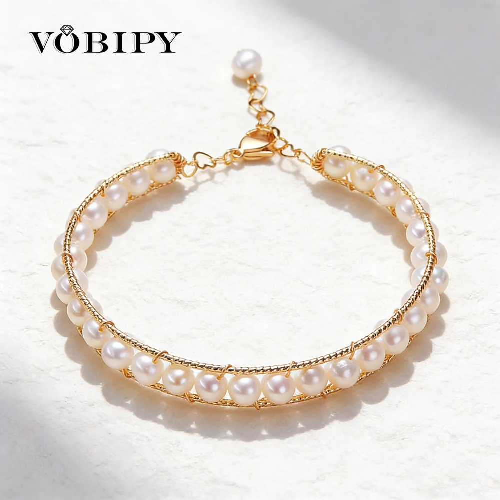 VOBIPY 5.5-6mm Natural Freshwater Pearl Bracelet for Women Double Layer Adjustable Bracelet Elegant Daily Jewelry Gift 17cm+4cm