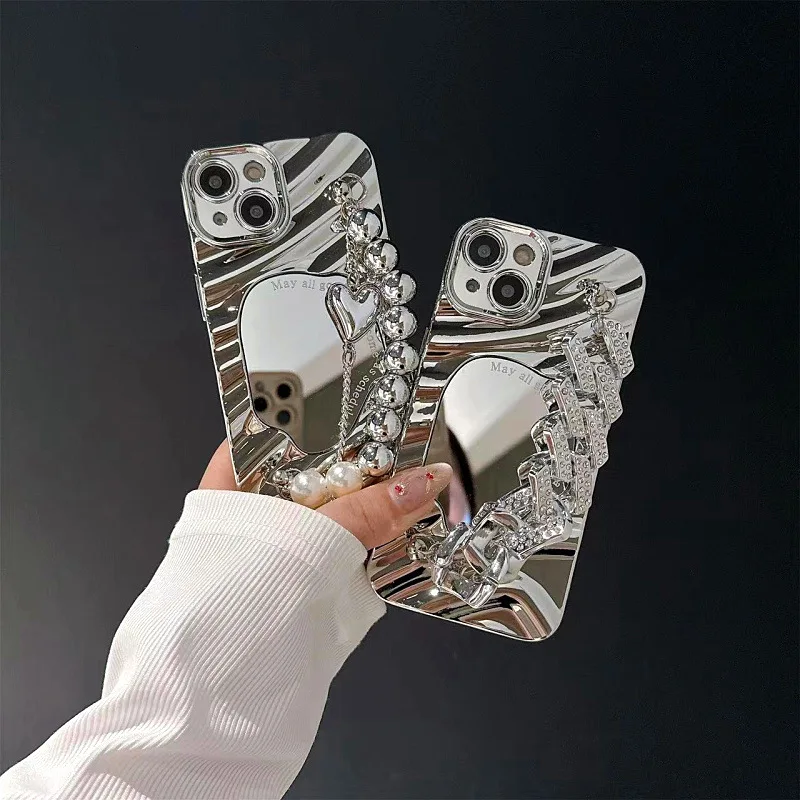 جراب هاتف آيفون 16 15 14 13 12 11 X XS XR Pro Max Plus INS الكورية نمط موجة مرآة لوضع مساحيق التجميل الغطاء الواقي مع سوار