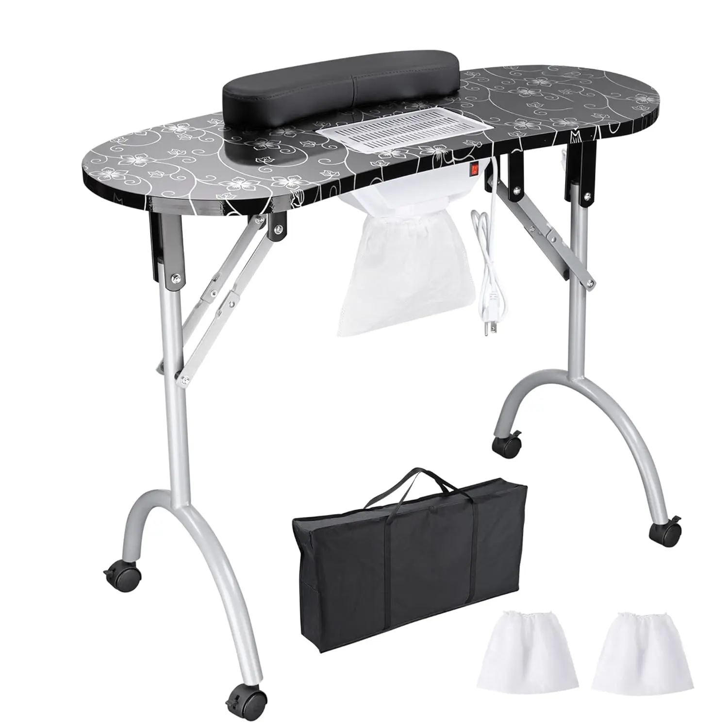 Portable Manicure Table Folding Nail Desk with Built-in Dust Collector & Carry Bag, Nail Table With Lockable Wheel for Nail Tech