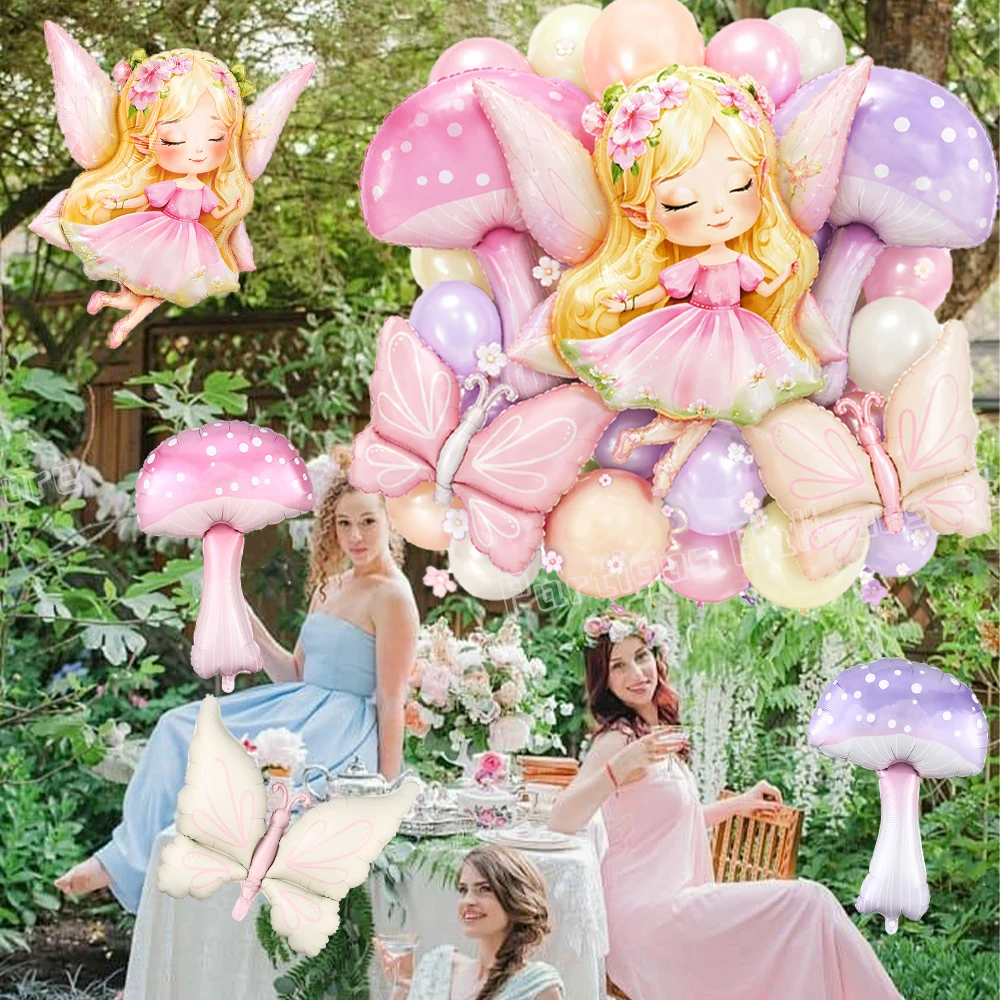 21/24-teiliges Perlmutt-Lila-Rosa Ballonset mit Schmetterling- und Pilz-Folienballons für Babyparty, Prinzessinnen-Geburtstag, Frühlings-Feenparty-Zubehör – Detail 7