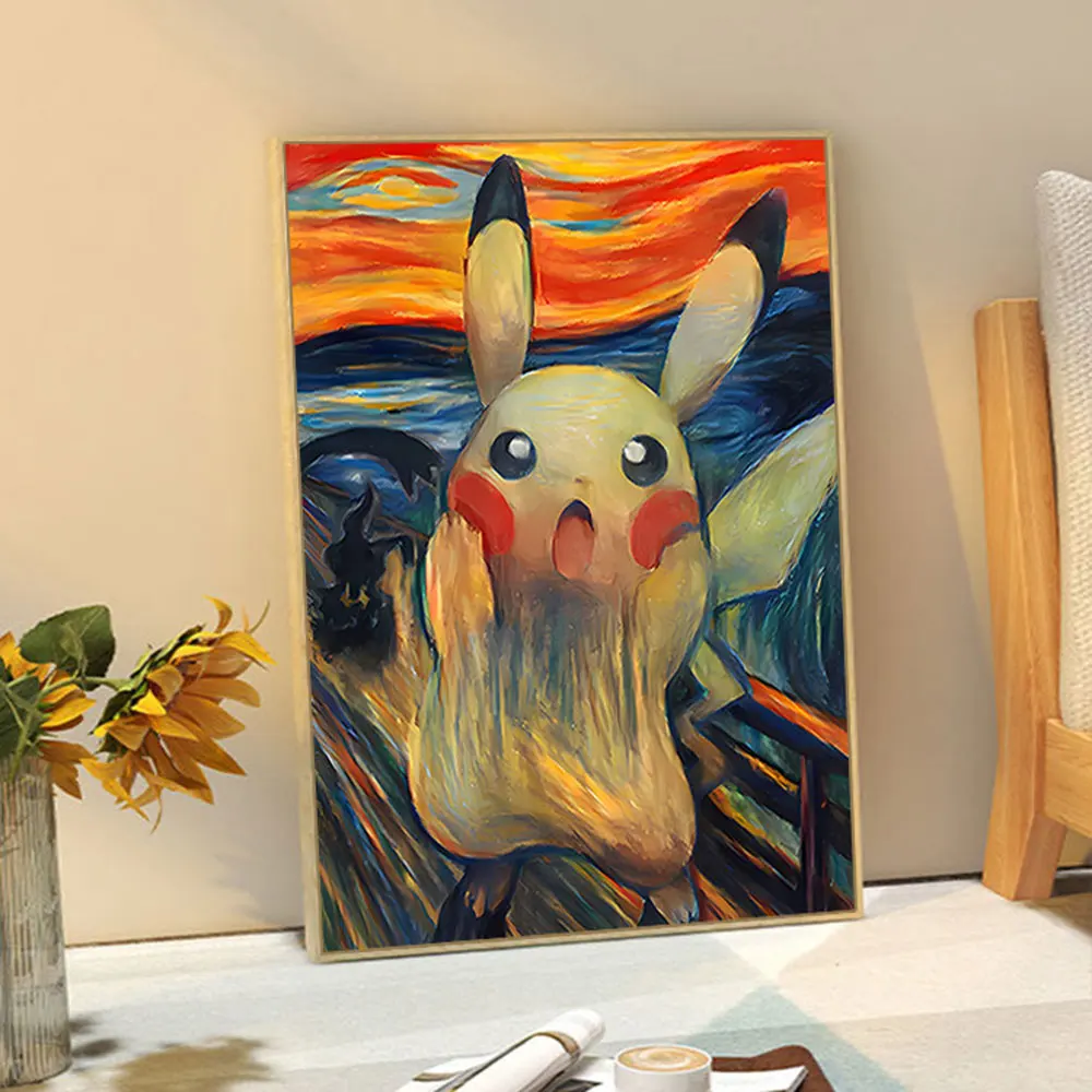 

Peripheral Anime Pokémon Pikachu Scream Poster Wall Art Vintage Oil Painting Style Picture for Room Canvas Painting Decor Gift