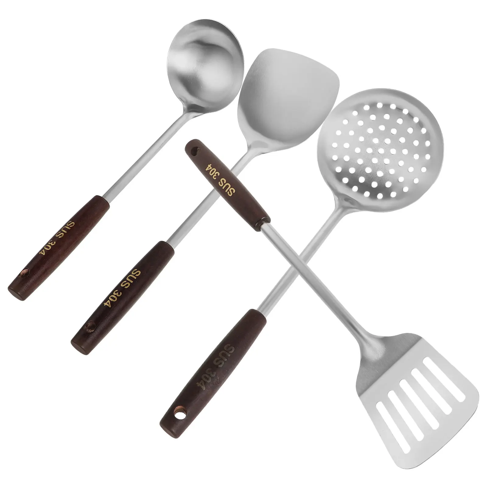 4Pcs Stainless Steel Wok Utensils Set Comfort Grip Wooden Handle Long Spatula Ladle Slotted Spoon Turner for Stir Frying Soup