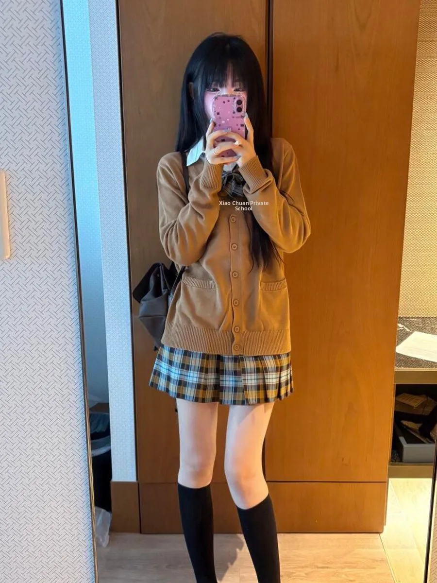 

Early Autumn Knitted JK orm Set Student Layering Open Cardigan Sweater School orm ort Skirt Japanese Sle Faion Set