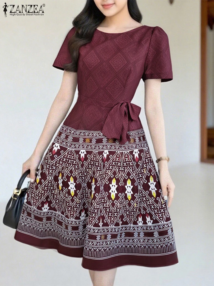 2025ZANZEA Elegante Frauen Party Sommerkleid Sommer Kurzarm Midi Kleid Mode Bogen Taille Beiläufige Lose Gedruckt Lange Vestidos