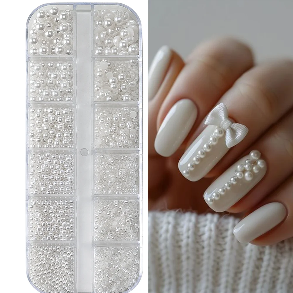 Hot Sale 12 Grids 3D White Pearl Nail Charms 0.15-0.5mm Round Semicircle Rhinestones for DIY Manicure Design