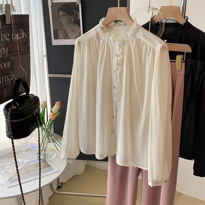 

Sweet Lace Trim Stand Collar Thin Lantern Sve irt Women's Early Autumn New Sle Ele Gentle Versatile Long Sve Top