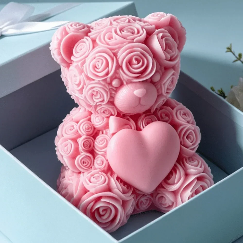 2-teilige Silikonform „Rosen-Teddybär“ mit Fliege für DIY-Seifen, Harzornamente und Jubiläums-Gastgeschenke – Detail 5