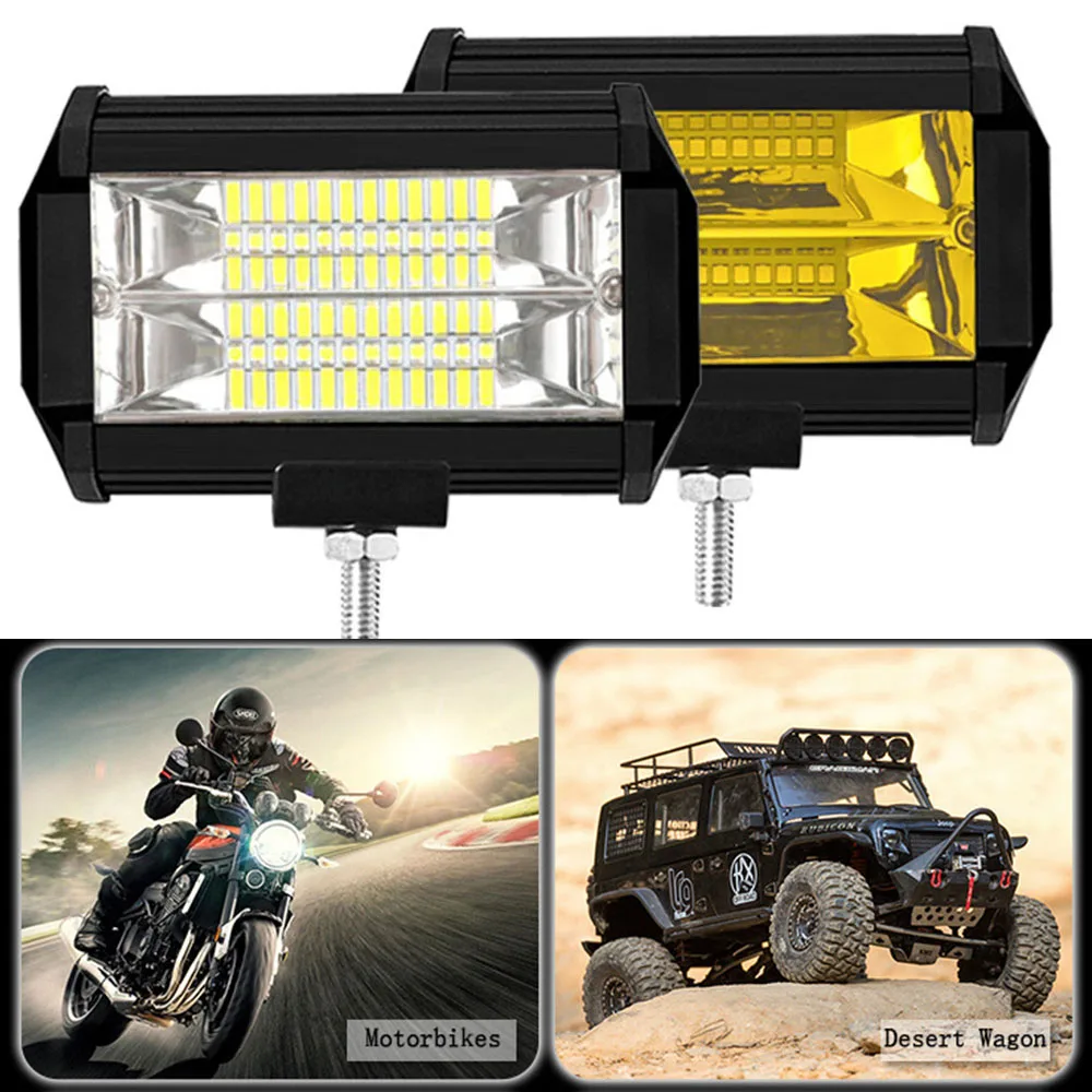 72W OFF-ROAD LED Work Light Bar 5 INCH CAR MOTORCYCLE SUV TRUCK WHITE YELLOW NIGHT DRIVING FOG LAMP AUXILIARY INDICATOR 9-30V