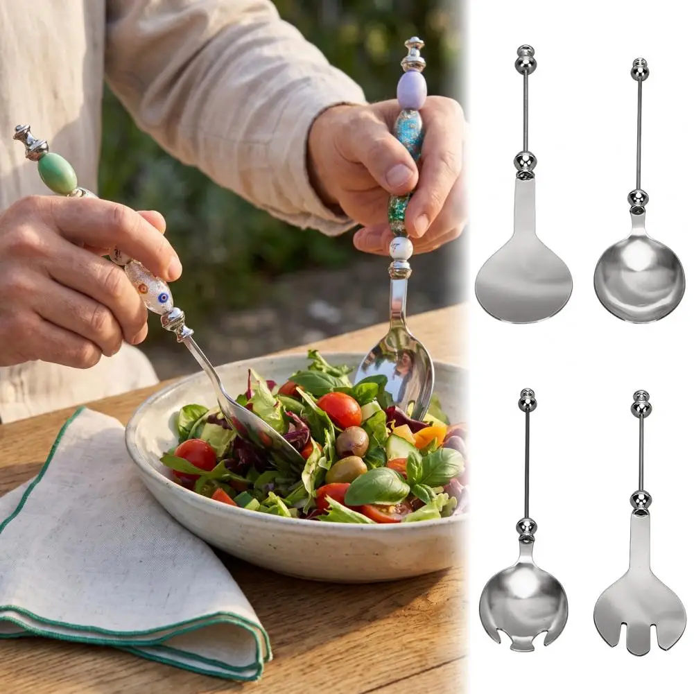 Long Handle Beaded Spoon Beadable Stainless Steel Salad Spoon Set Diy Beaded Dessert Spoon with Blank Handle 2-in-1 Kitchen Fork