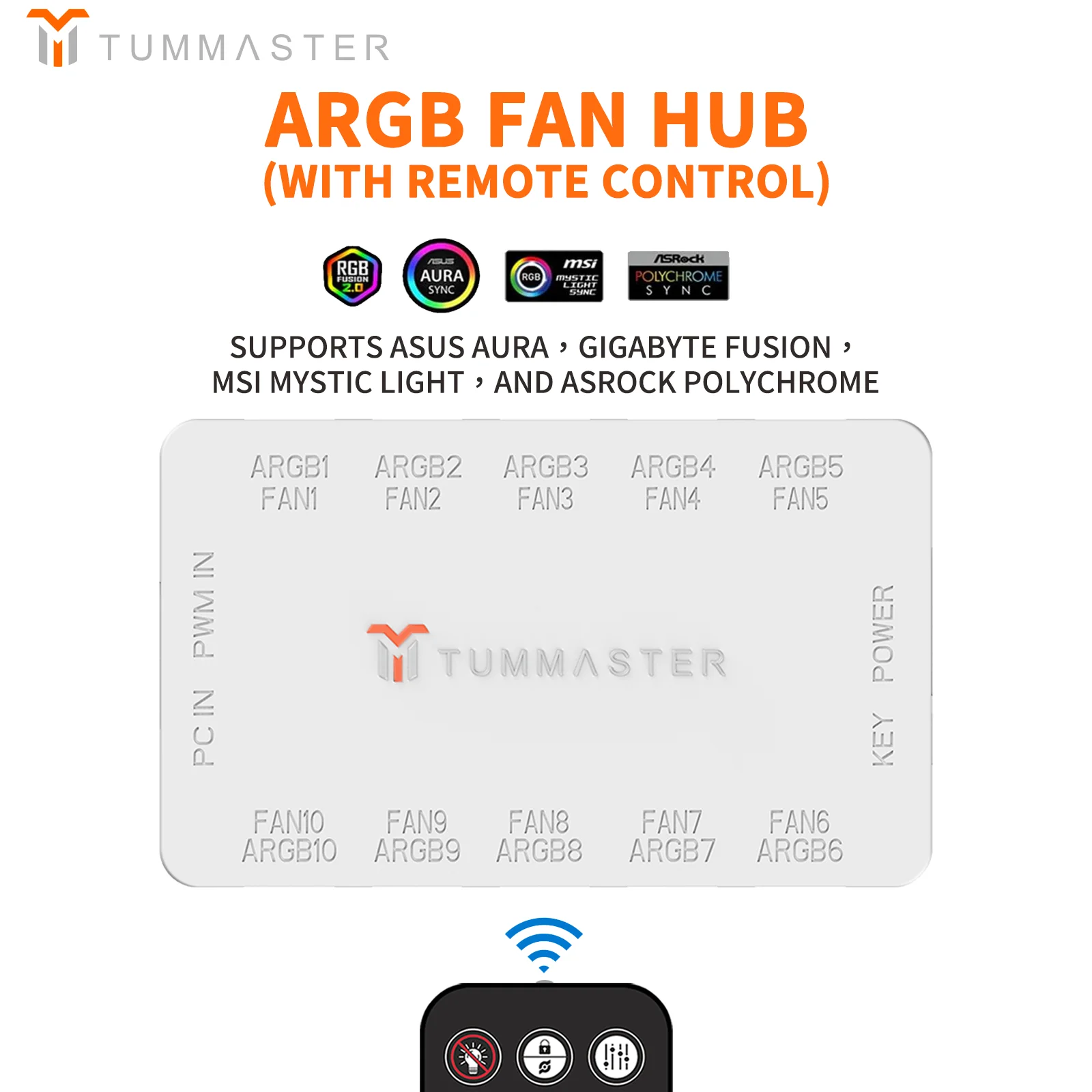 อุปกรณ์เสริมพีซี 10 พอร์ต 4Pin ARGB Fan Hub 5V 3Pin PWM Fan Controller สําหรับ PC/คอมพิวเตอร์, แม่เหล็กดูดและรีโมทคอนโทรลไฟ