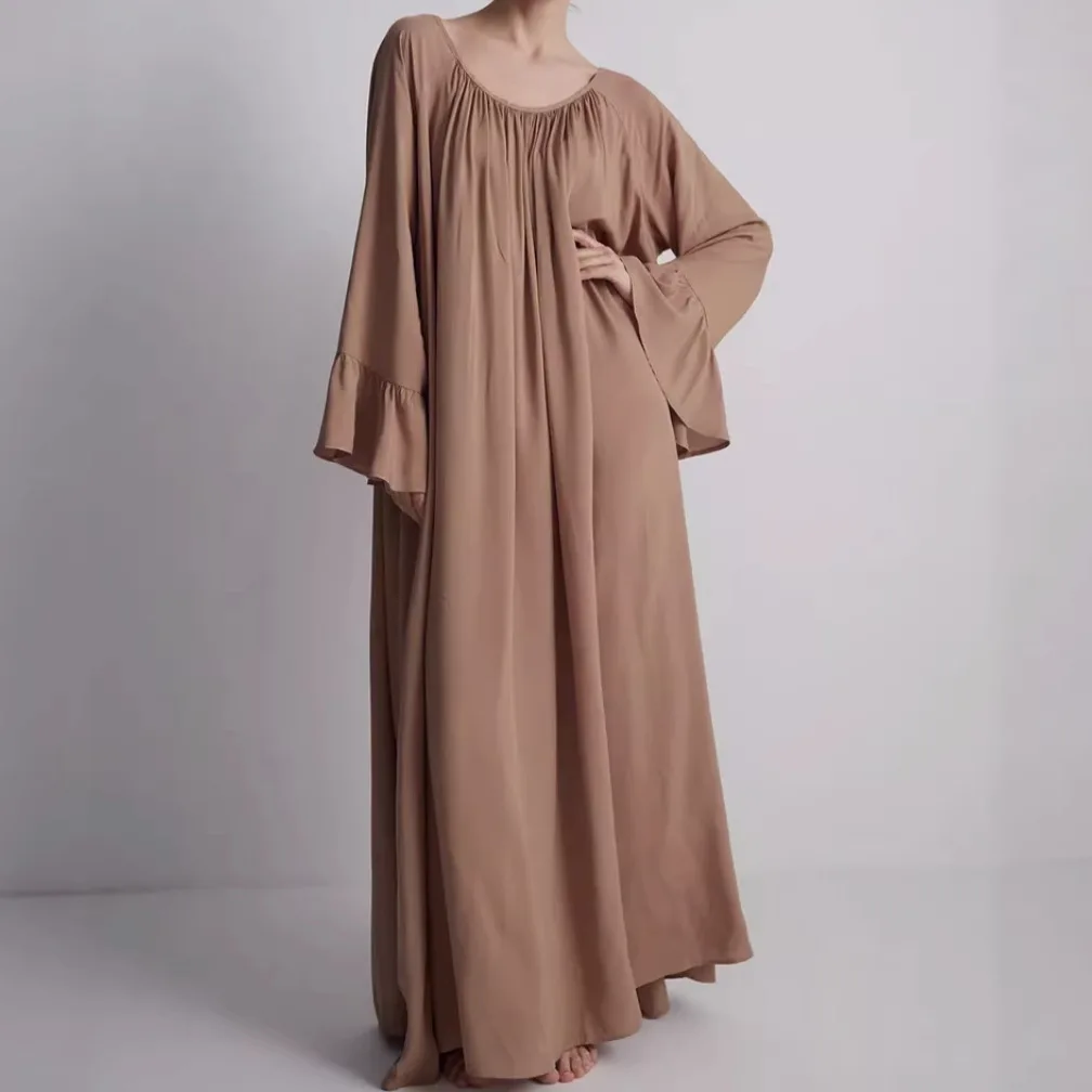 Casual Loose White Women Dress 2026 Elegant U-Neck Long Sleeve Floor-Length Dresses Simple Oversize Solid Female Dress