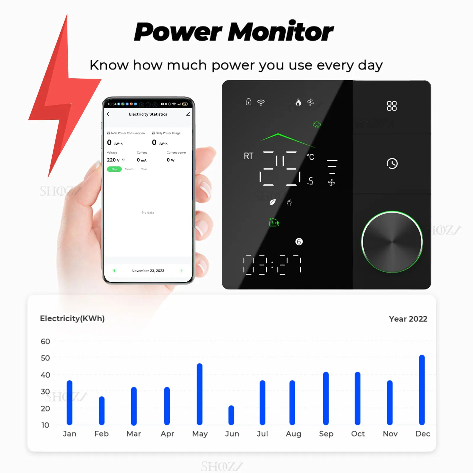 Tuya WiFi Smart Thermostat with Power Monitoring, Voice Control for Film Infrared Electric Warm Floor Heating System, 16A