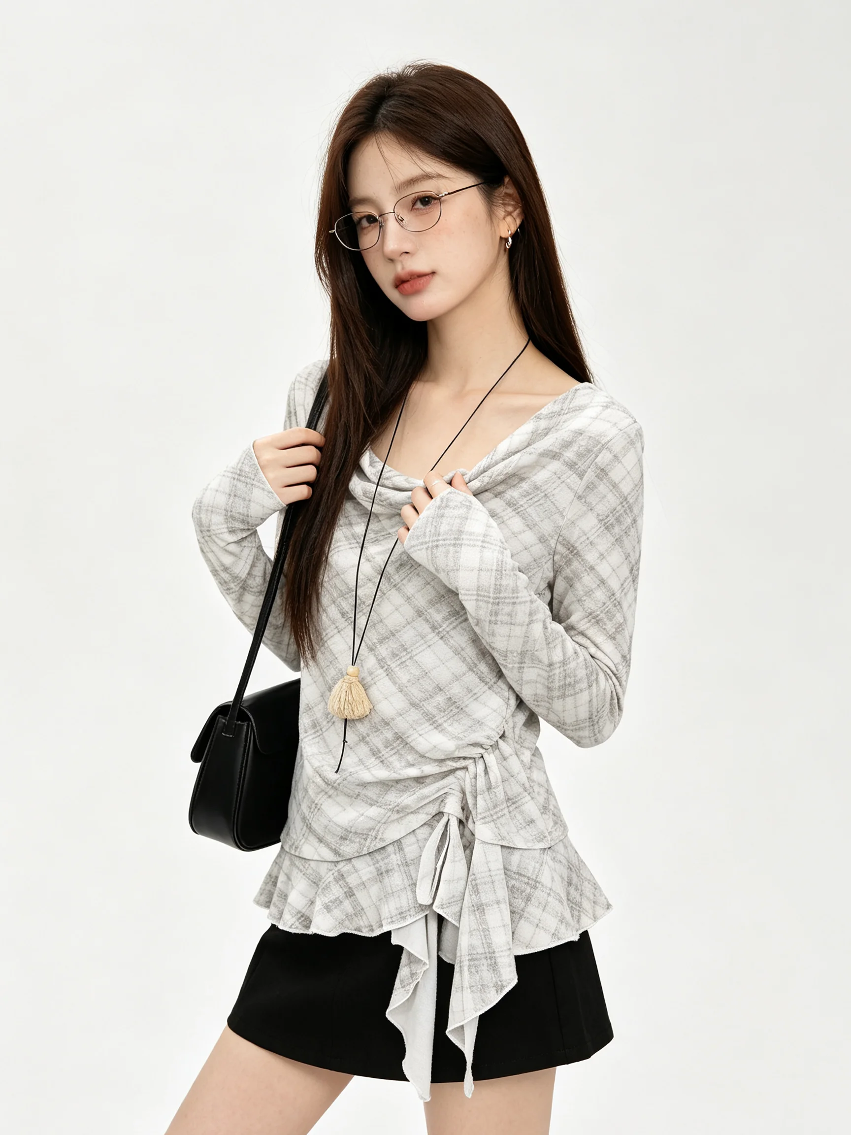 Chic Long Sleeve T-Shirt with Gingham Design And Pleated Slimming Effect Early Autumn Bellflower  Tunic for Women