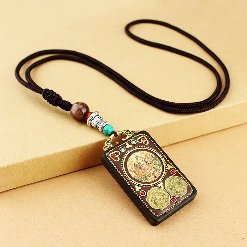 Nepal Tangka Pendant Male Green Tara Manjushri Bodhisattva Black Sandalwood Buddha Sign Vintage Necklace Sweater Chain Jewelry