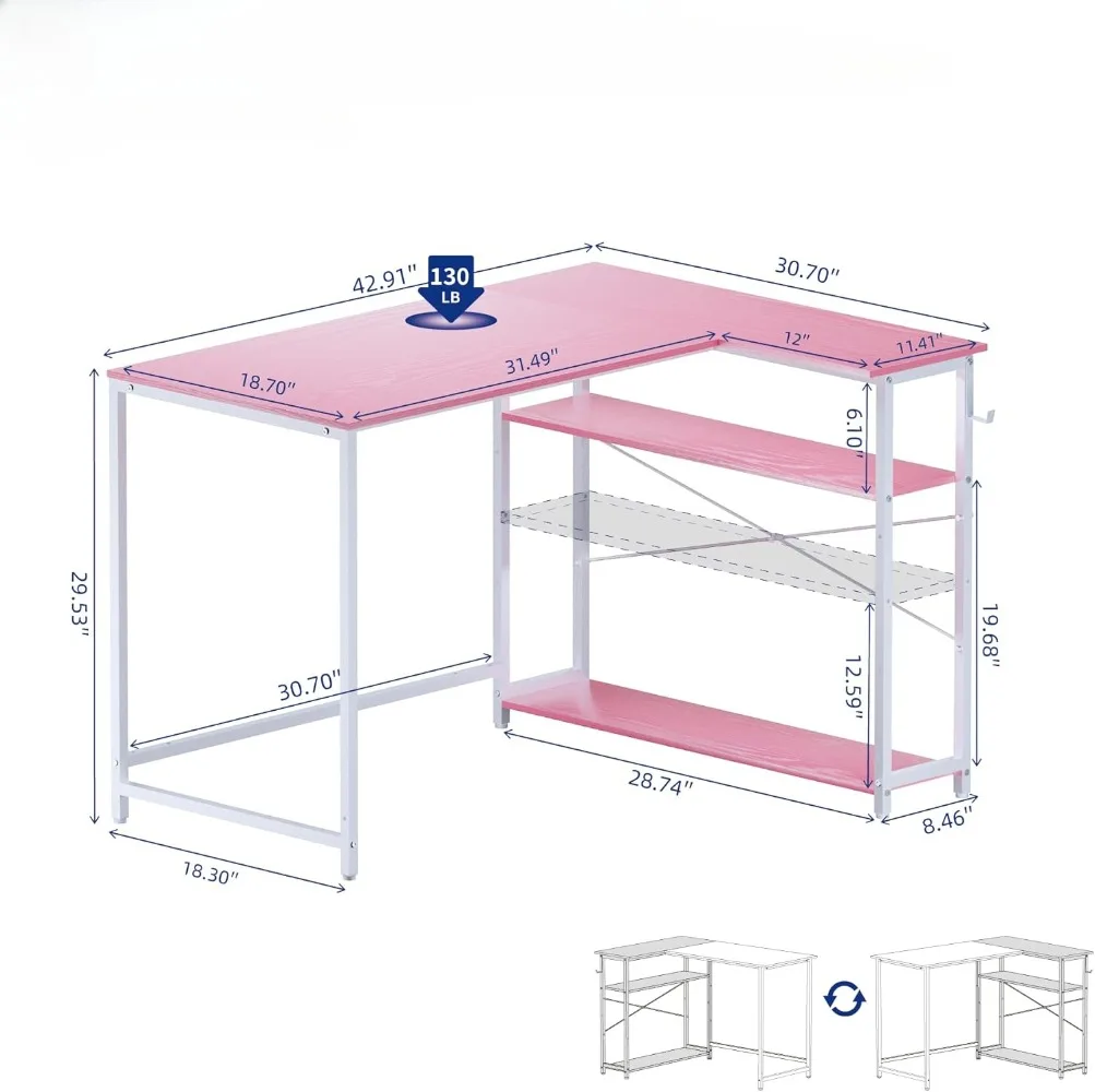L Shaped Computer Desk with Reversible Side Storage Shelves, Small Corner Desk for Small Space