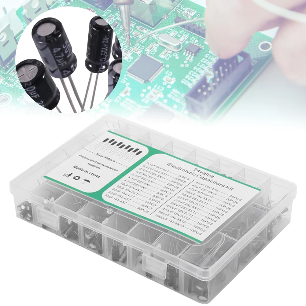 

500Pcs 24 Values 16V-50V 0.1uF-1000uF Aluminum Electrolytic Capacitor Bypass Low Frequency for TV LCD Monitor Radio Stereo Game